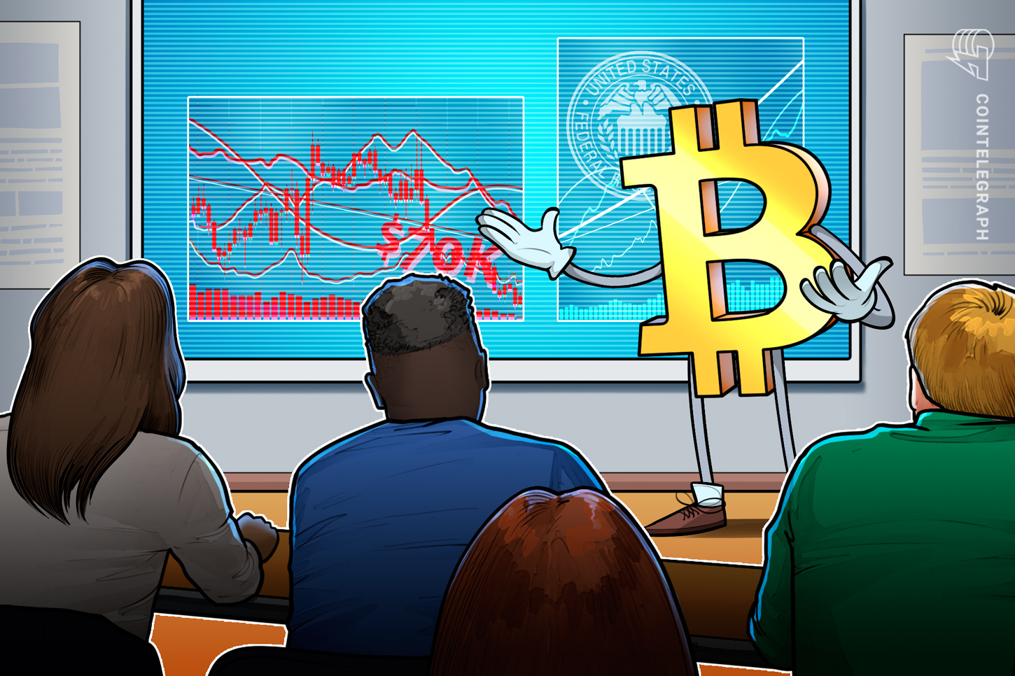 A downward trending chart showing Bitcoin prices, with a bearish rising wedge pattern highlighted.