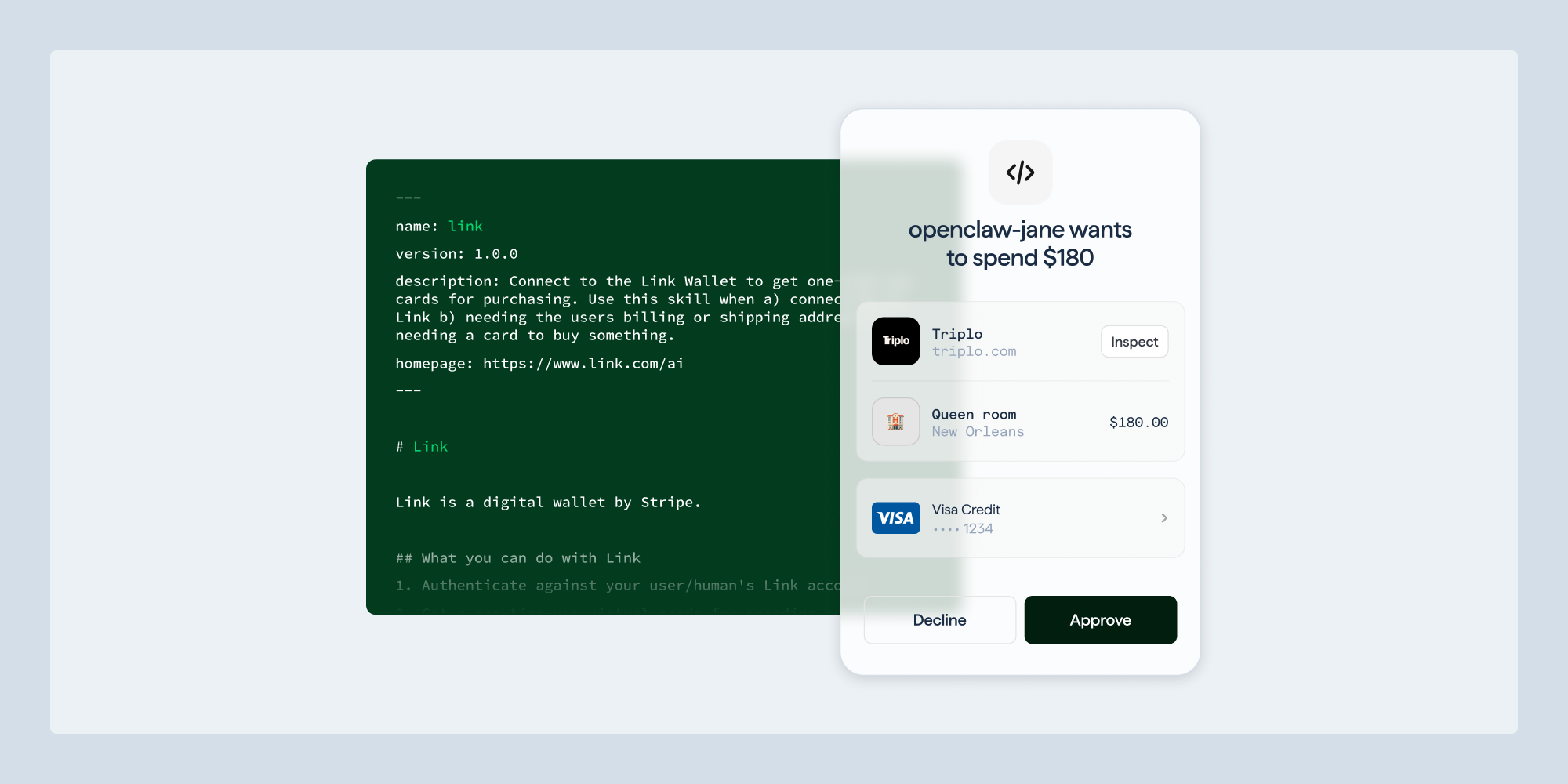 Diagram illustrating how Link's wallet for agents works, showing a user granting access to an agent for making purchases.