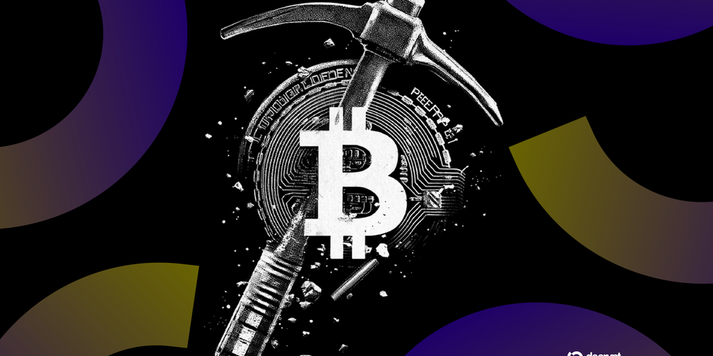 A stylized graphic showing a Bitcoin logo interconnected with AI chip designs and power lines.