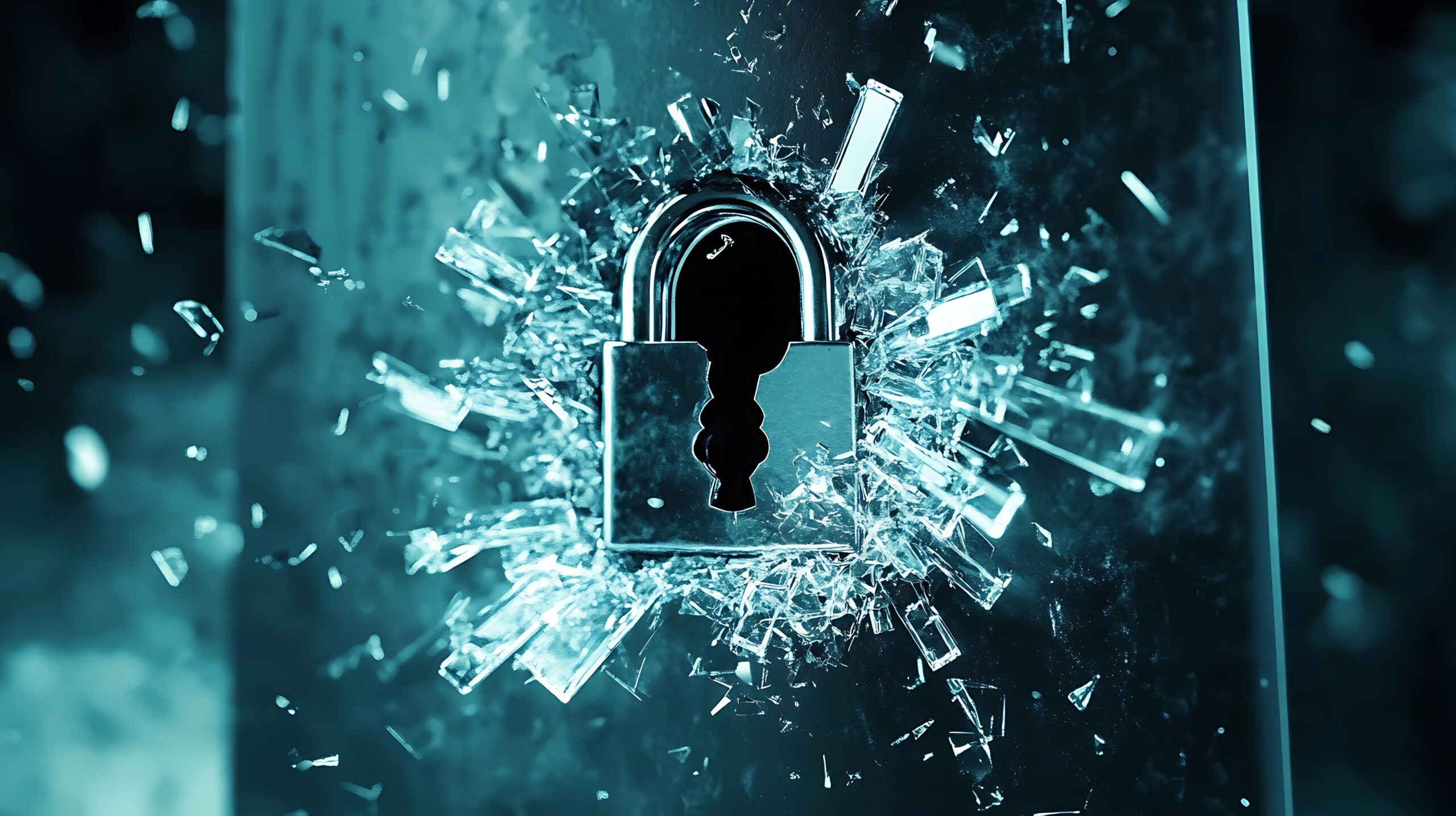 Digital illustration of quantum computing particles surrounding cryptocurrency symbols and encryption locks