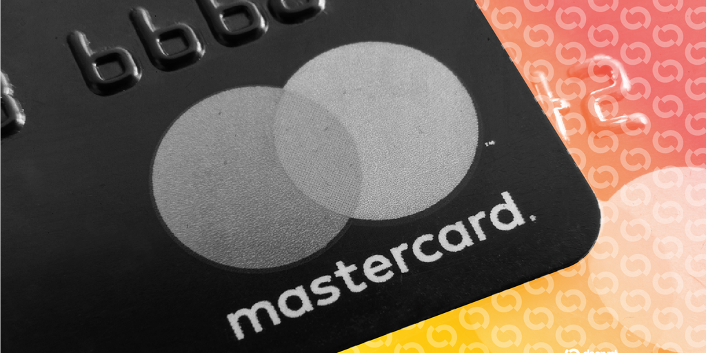Mastercard logo with a stylized digital currency symbol integrated into it.