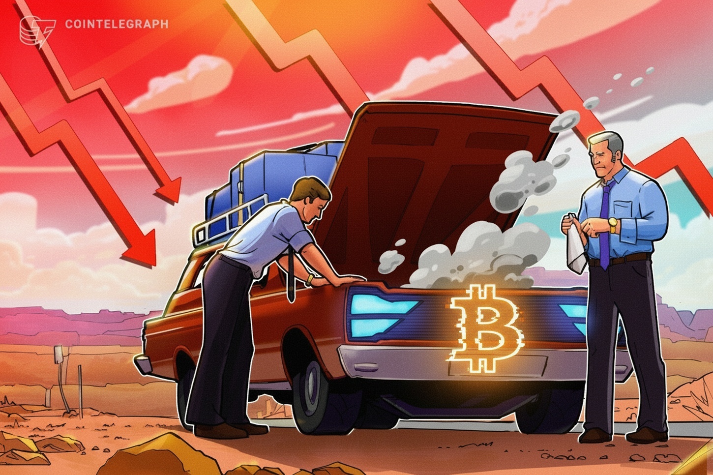A split image showing a graph of Bitcoin's price falling on one side and the Dow Jones Industrial Average graph hitting new highs on the other.