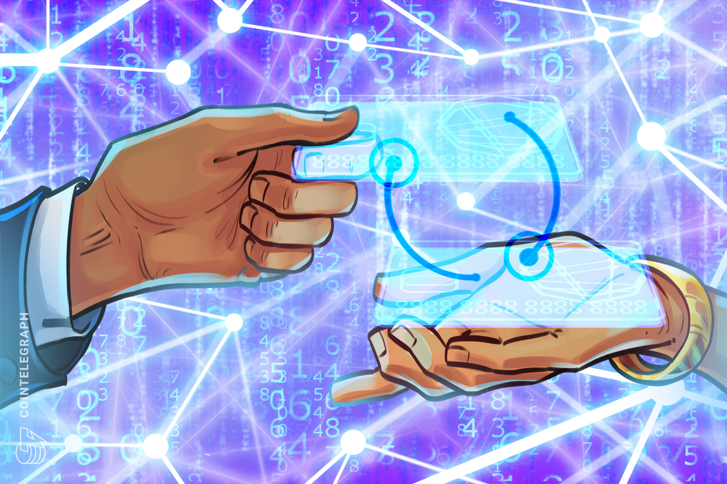 A hand holds a crypto debit card with a digital currency symbol. In the background, blurred financial charts show upward trends.