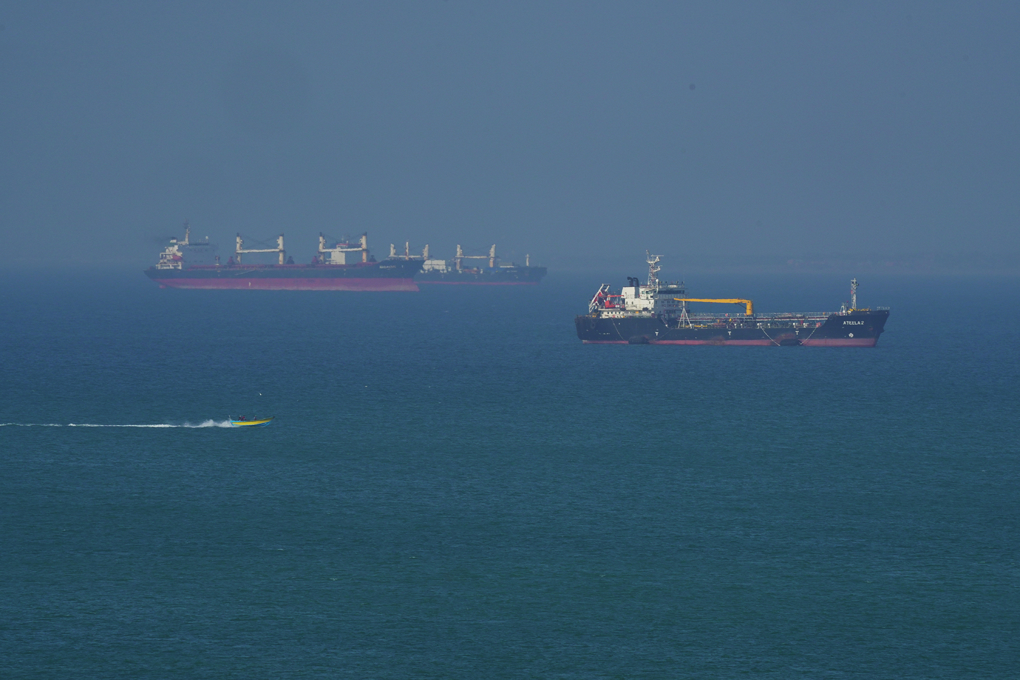 Oil tankers navigate near Qeshm Island, Iran, in the Strait of Hormuz.