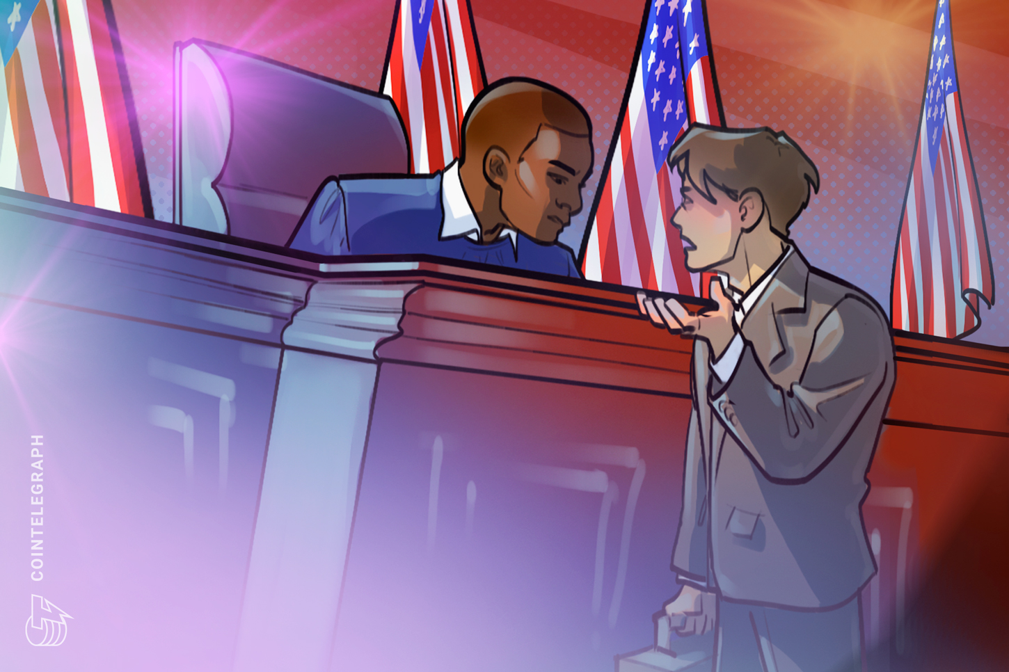 A gavel striking a block, with a background of digital currency symbols.