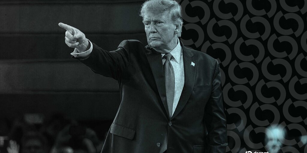 Graphic showing a dollar bill transforming into a Bitcoin symbol, with a shadowy figure of Donald Trump in the background.