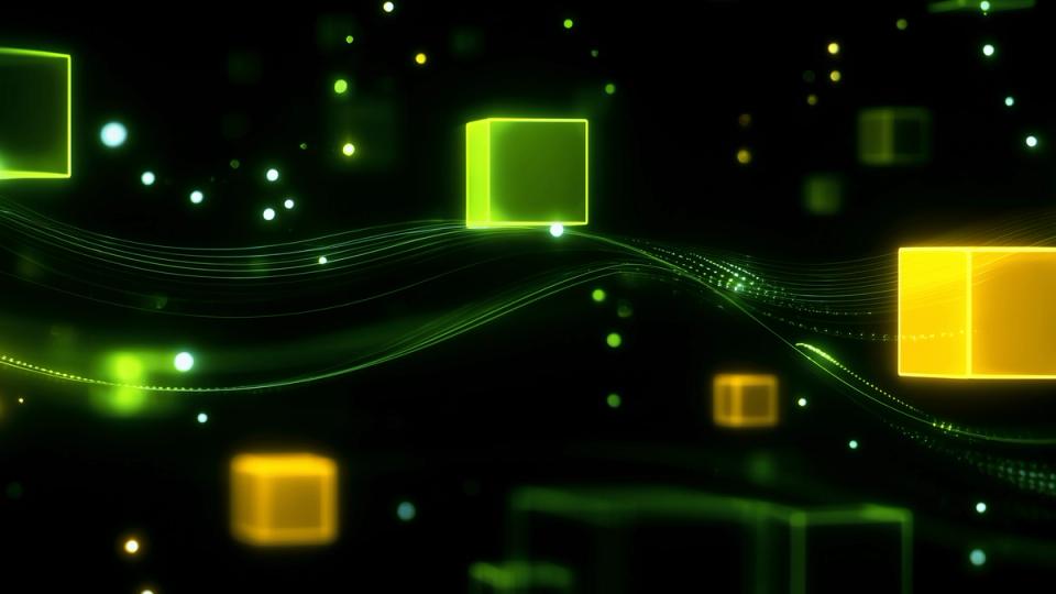Stylized graphic representing encrypted data flowing through a blockchain network with upward trending financial charts.