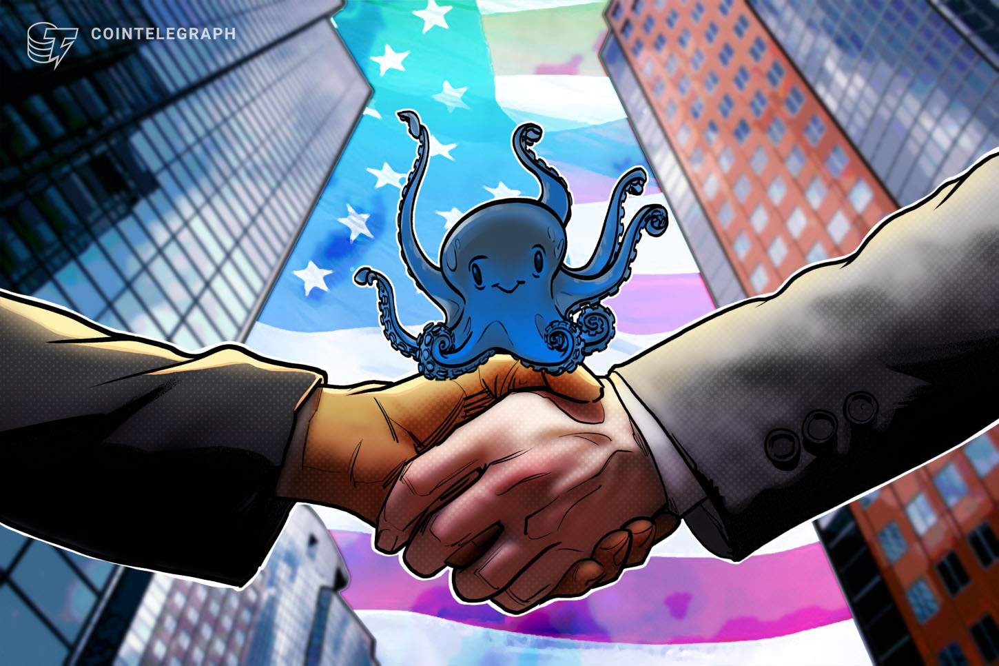 A digital illustration of the Kraken logo overlaid on a chart representing financial market growth.