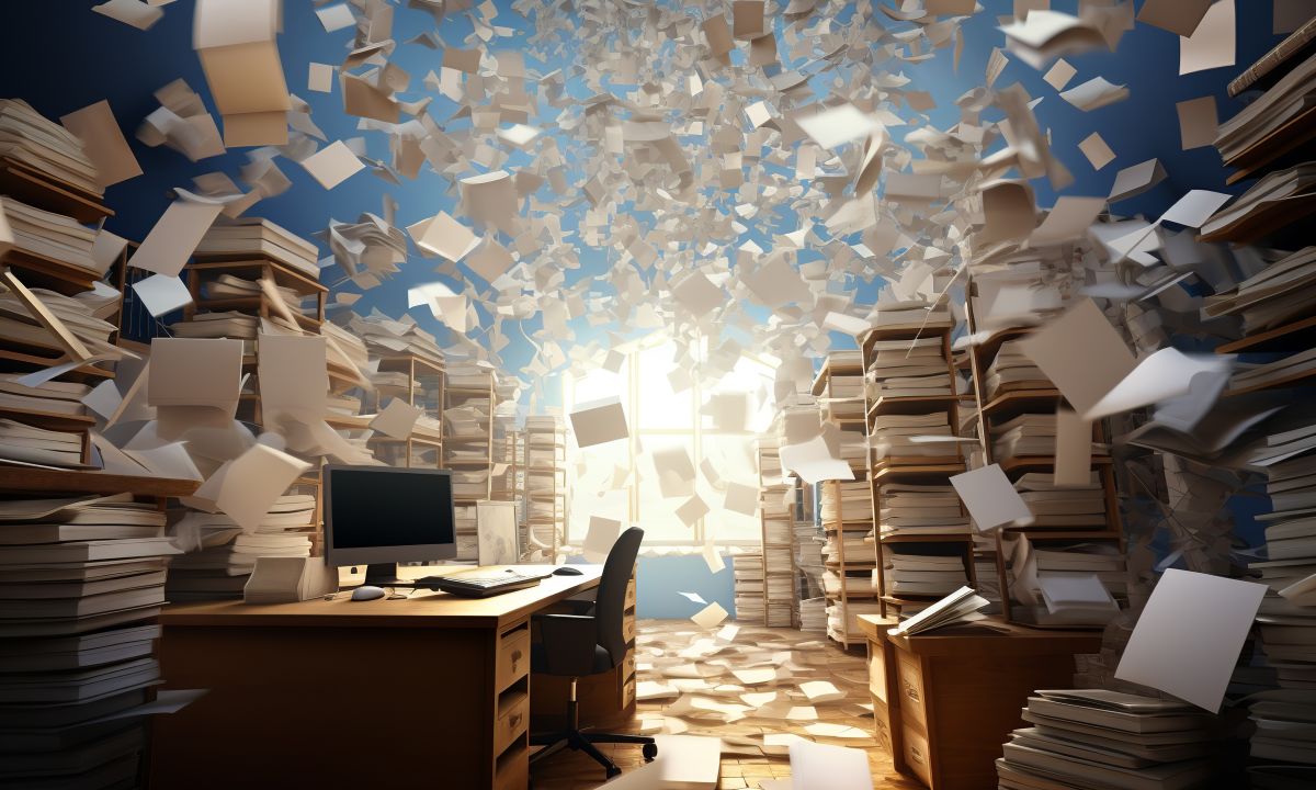 A metaphorical image of a vast, overflowing library with a single, small light illuminating a few books, representing data abundance but limited access.