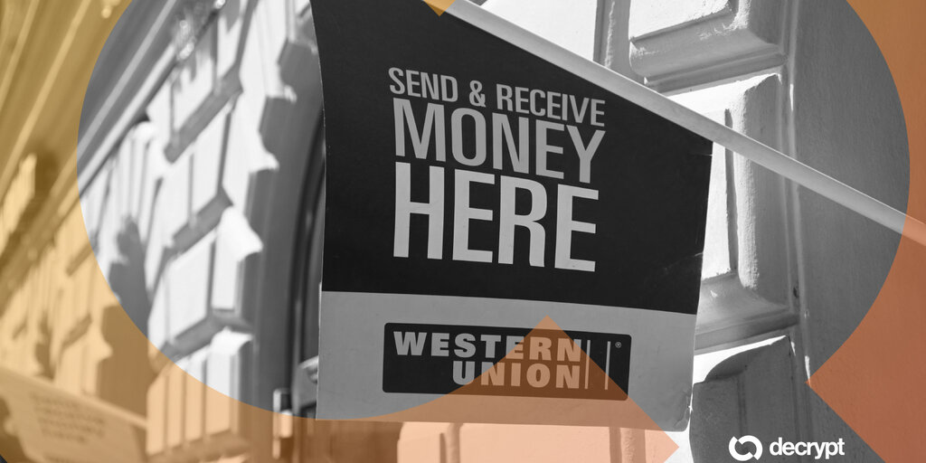 Western Union logo with a stylized digital coin overlay and network lines.