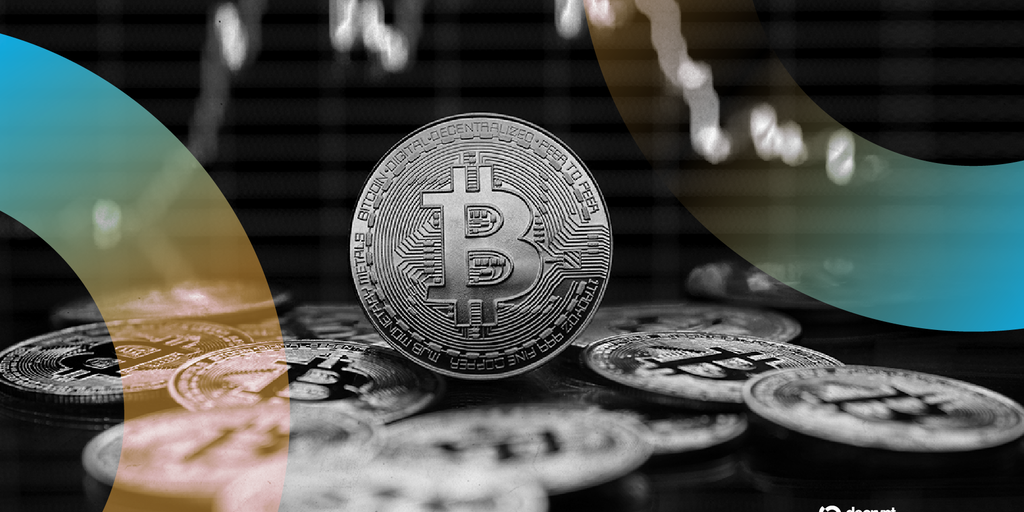 Bitcoin logo with downward trending graph overlay and US Treasury bond imagery