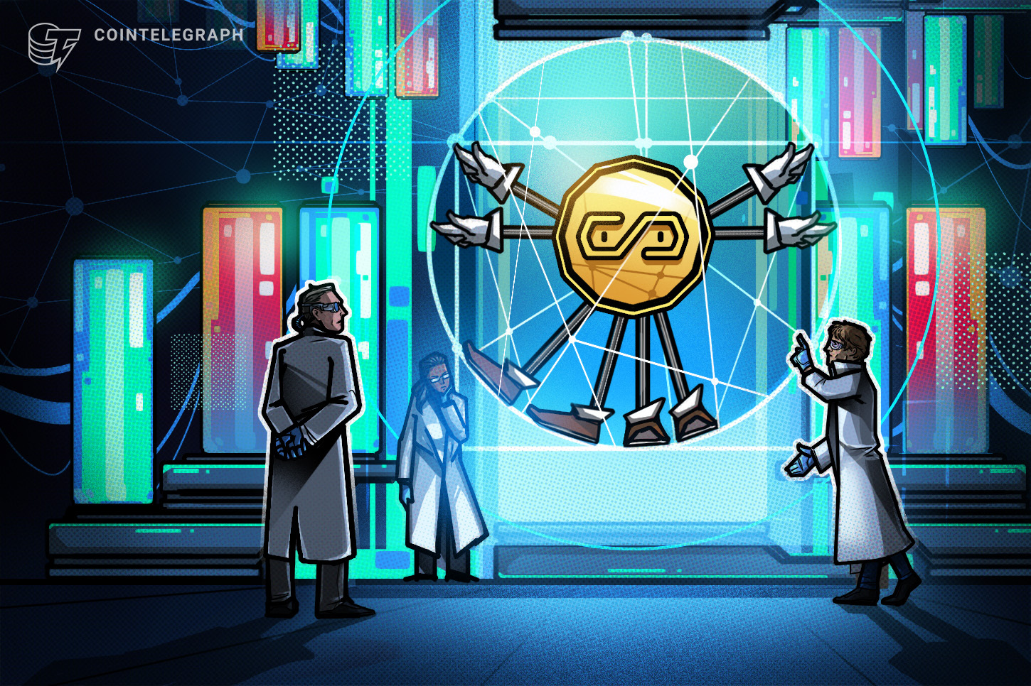 A futuristic city skyline with digital currency symbols integrated into the buildings, representing the evolution of money.