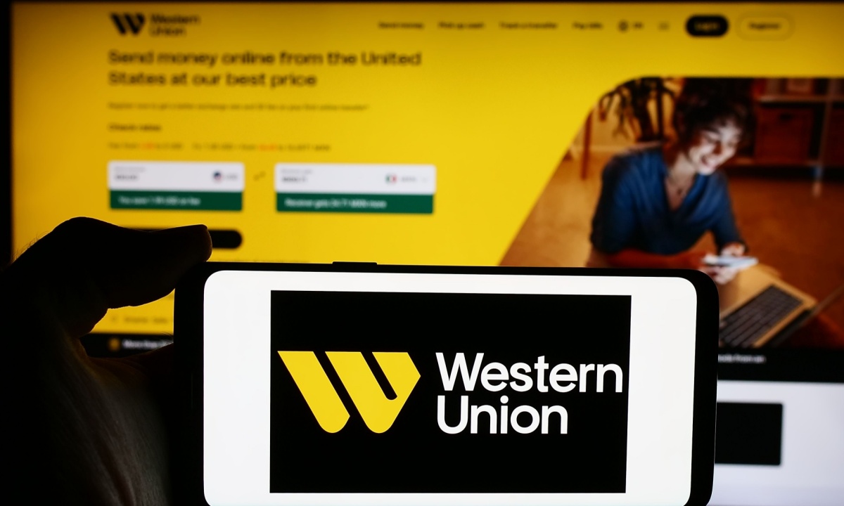 Western Union logo with a graphic suggesting digital currency and growth charts