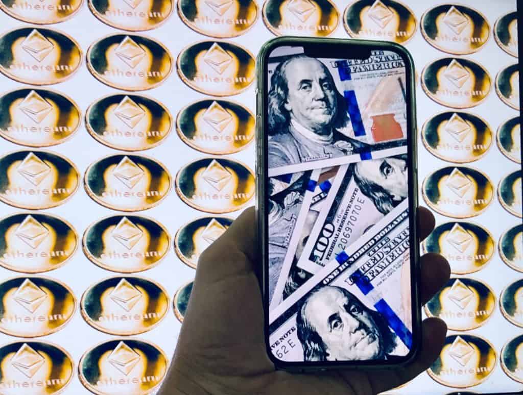 An abstract digital representation of Ethereum nodes interconnected, with subtle overlays of financial charts and data.