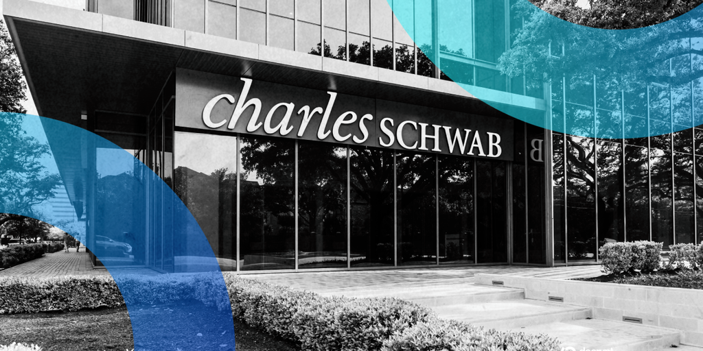 Charles Schwab headquarters with Bitcoin and Ethereum symbols overlay, representing institutional crypto adoption