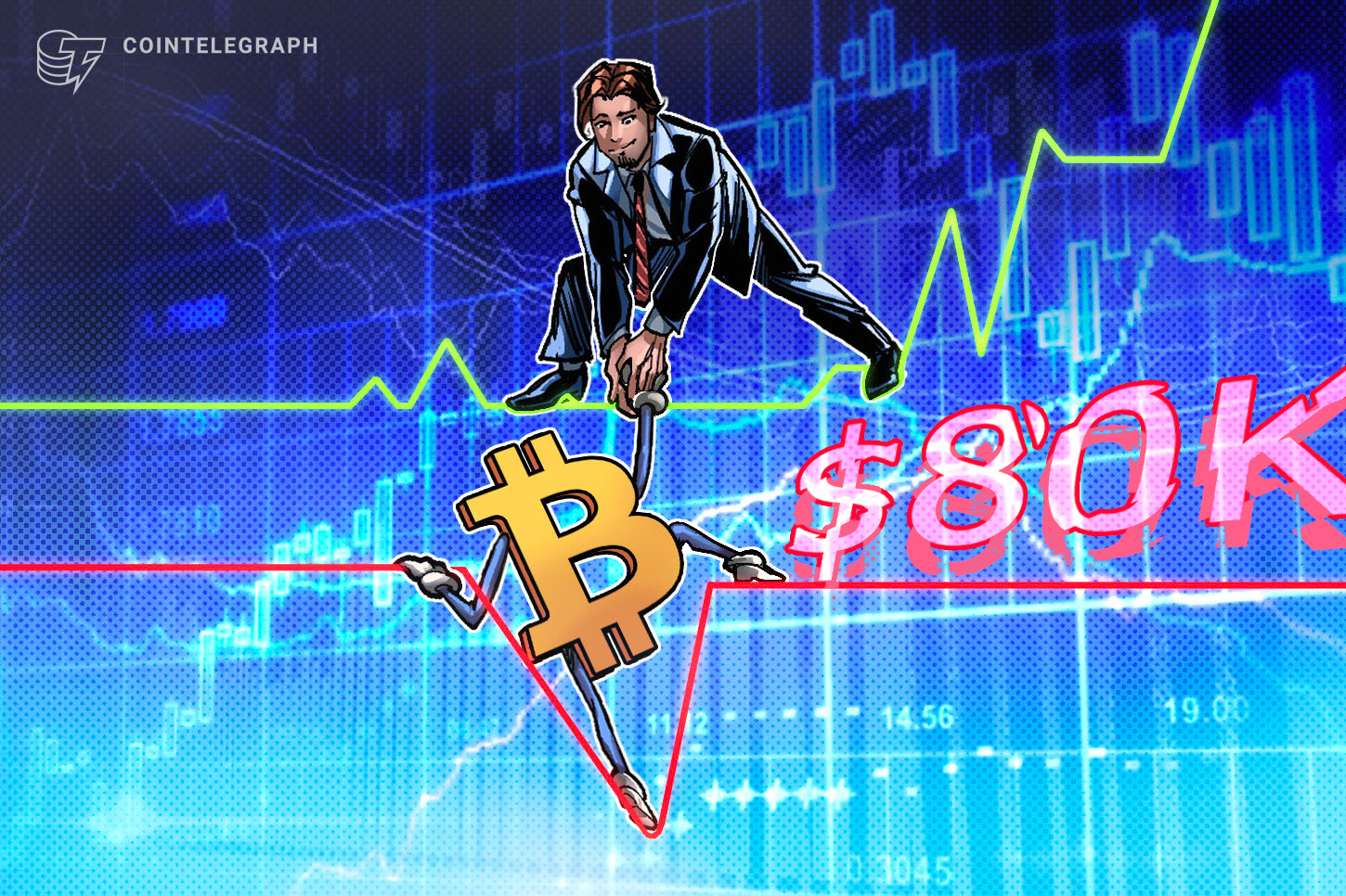 A digital chart showing Bitcoin's price fluctuating, with arrows indicating upward potential.