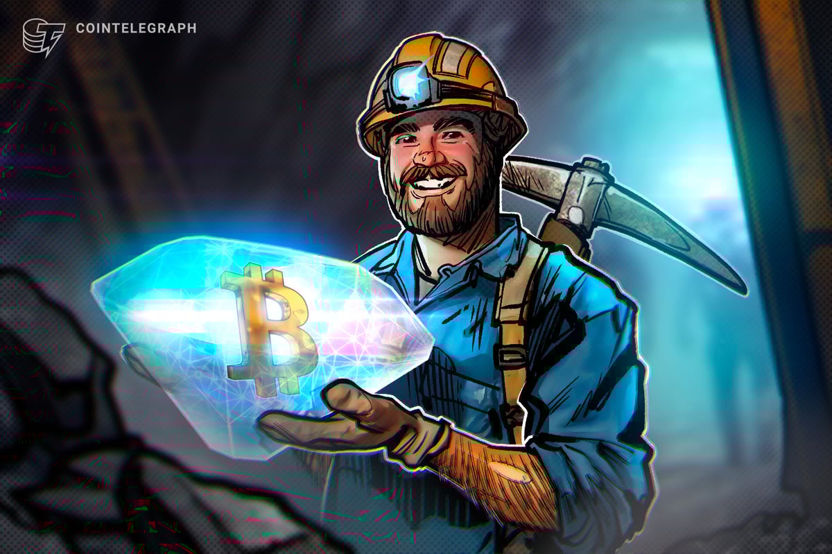 Illustration of a lone Bitcoin miner celebrating a glowing block reward amid industrial mining rigs