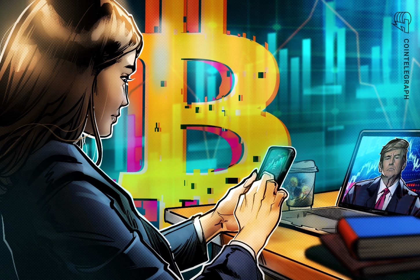 A close-up of the Bitcoin logo with a subtle background showing global financial charts and maps, suggesting international influence.