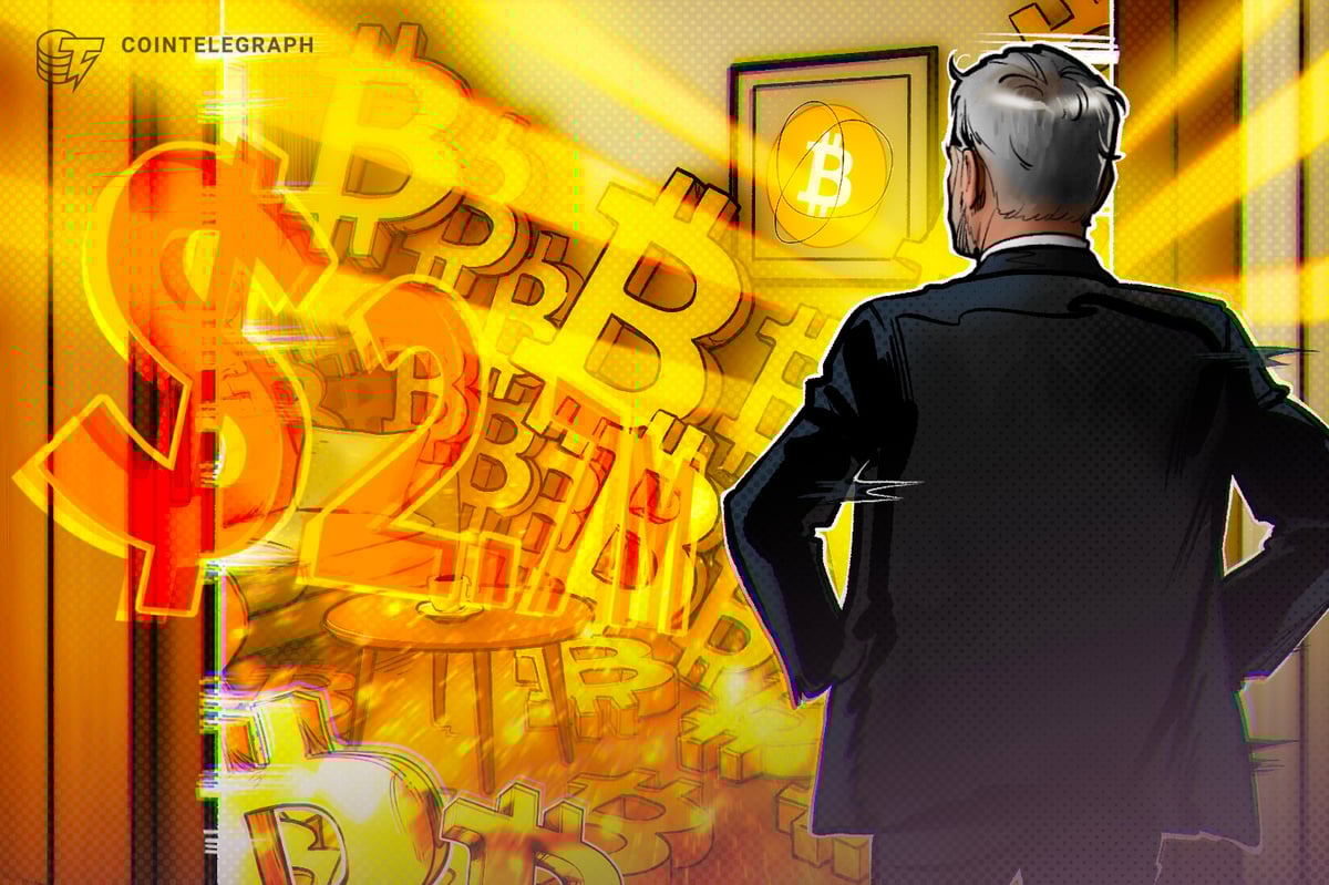 Nigel Farage announcing Stack BTC's $2.7M Bitcoin purchase with company logo and BTC chart