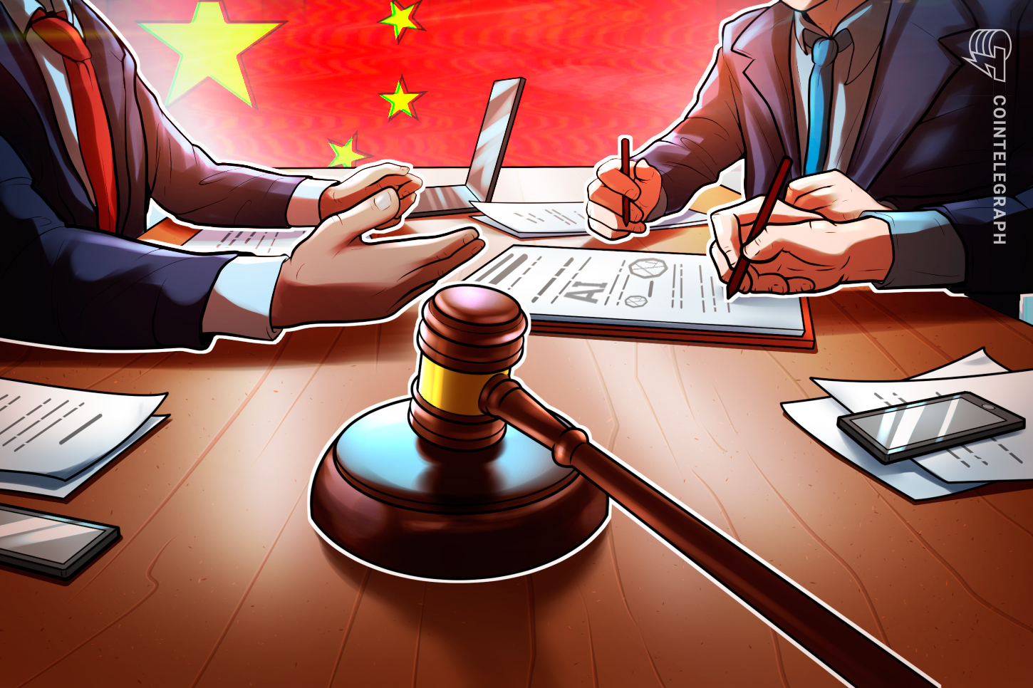Gavel striking a block with digital currency symbols on it.