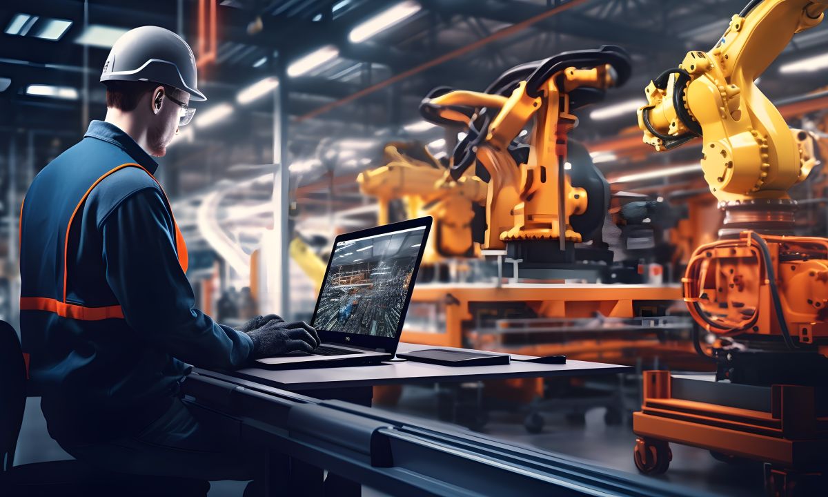 A person in a uniform looking concernedly at a tablet displaying complex data and AI symbols.