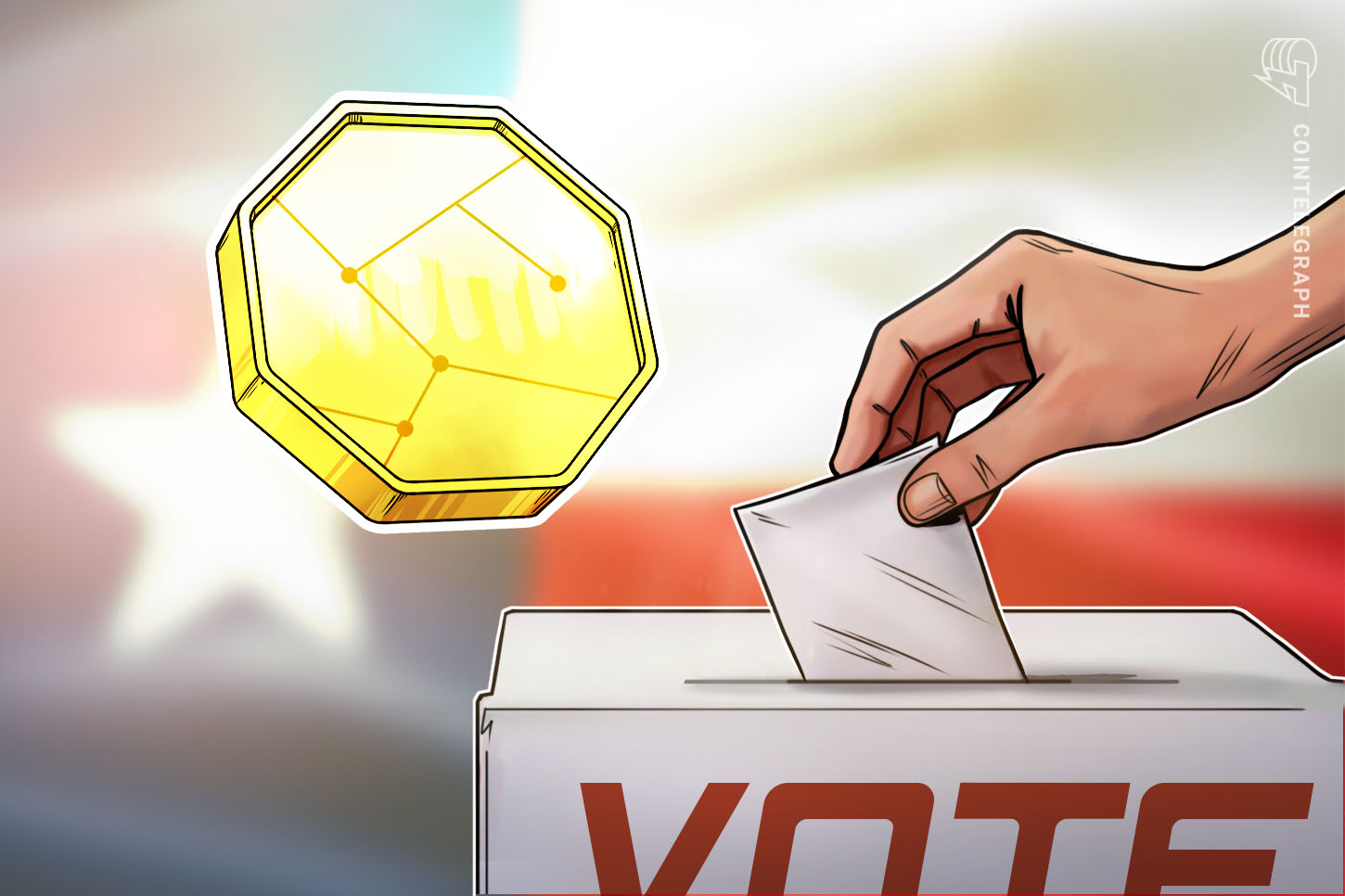 Digital illustration of campaign signs and digital currency symbols intertwined.