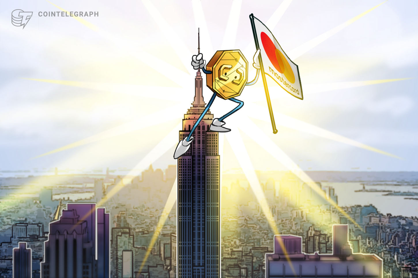 Mastercard logo with a subtle blockchain graphic overlay.