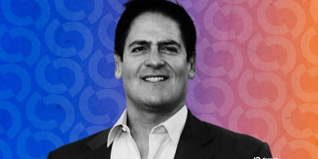 Mark Cuban looking thoughtful, with abstract digital currency graphics in the background.