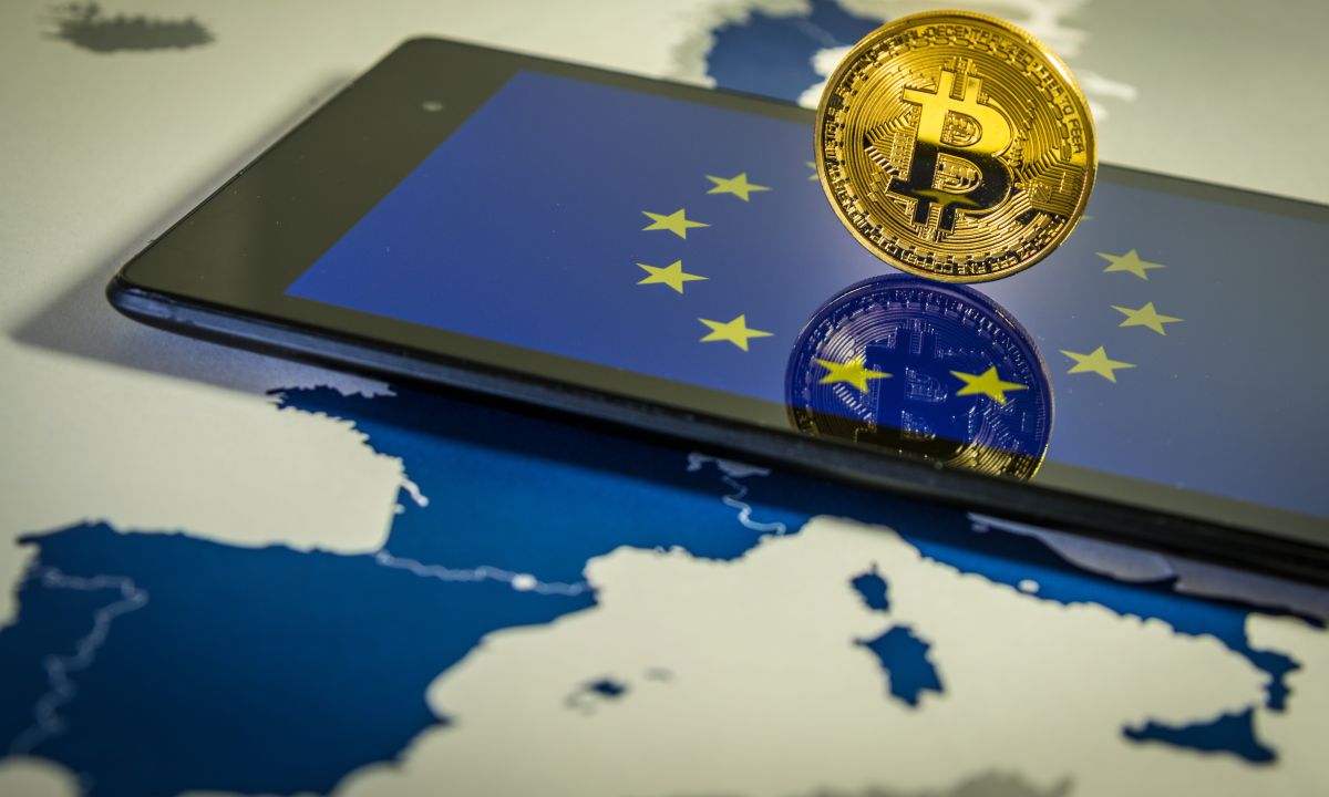 Illustration of European Union flag intertwined with cryptocurrency symbols and financial charts.