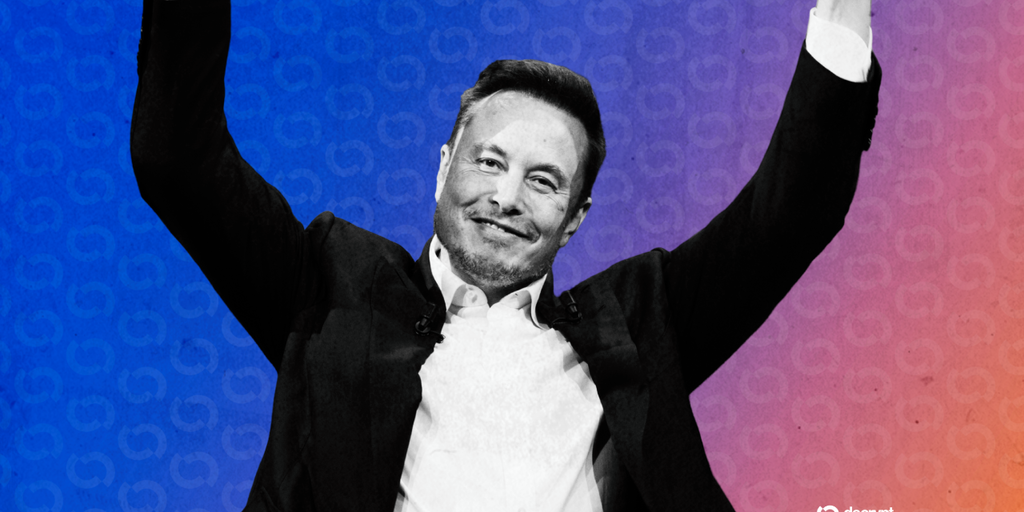 Illustration of Elon Musk surrounded by SpaceX rockets and Tesla cars, with Bitcoin logos floating around.