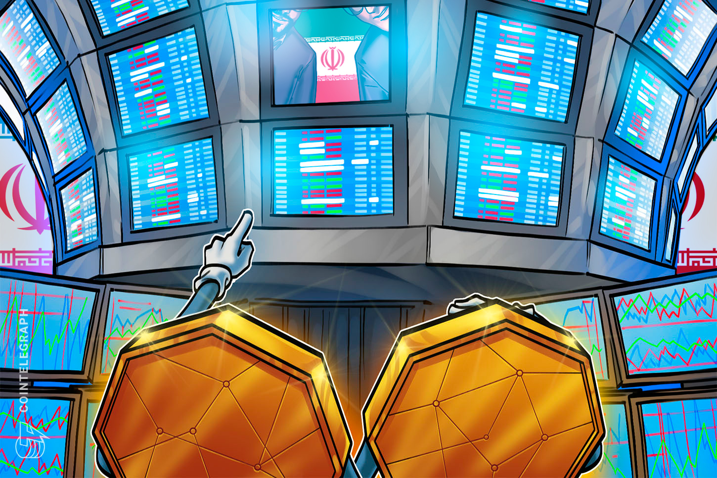 Close-up of a cryptocurrency trading chart with Iranian flag subtly overlaid.