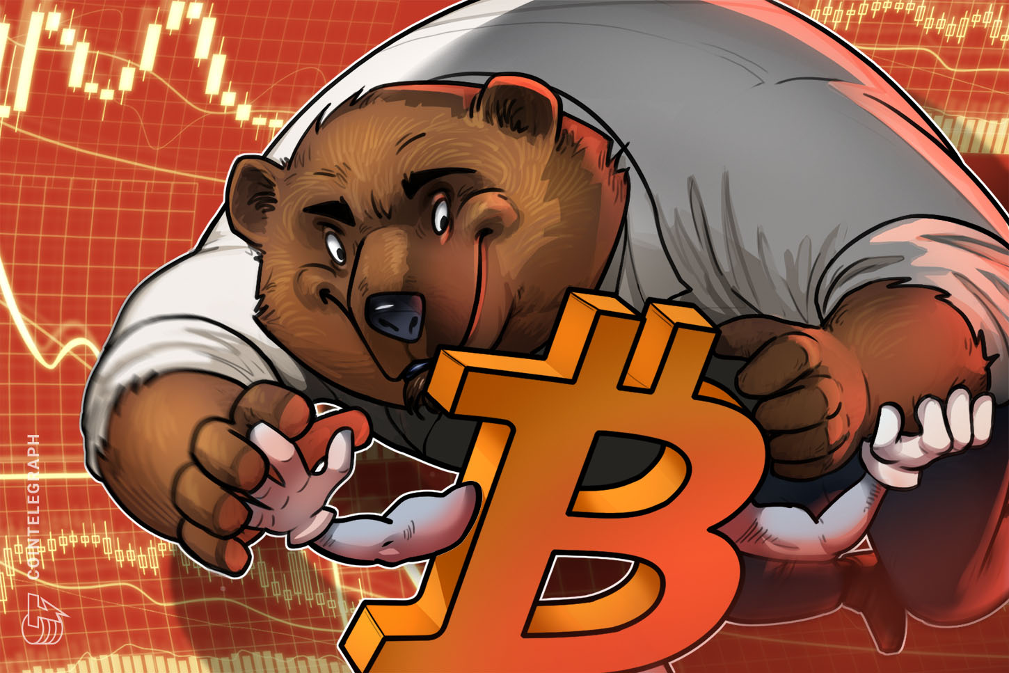 A graphical representation of Bitcoin's price chart showing a downward trend with superimposed indicators suggesting a potential market reversal or 'bear trap'.