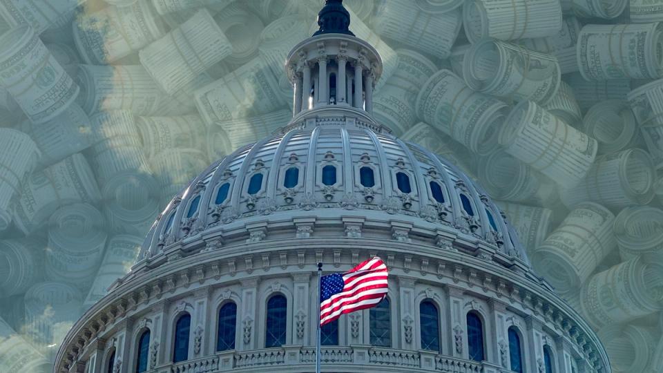 Political action committee funding graphic with dollar signs and capitol building.
