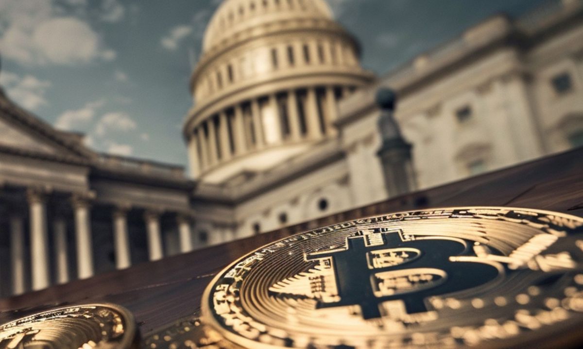 A gavel striking a sound block in front of a backdrop of cryptocurrency symbols.