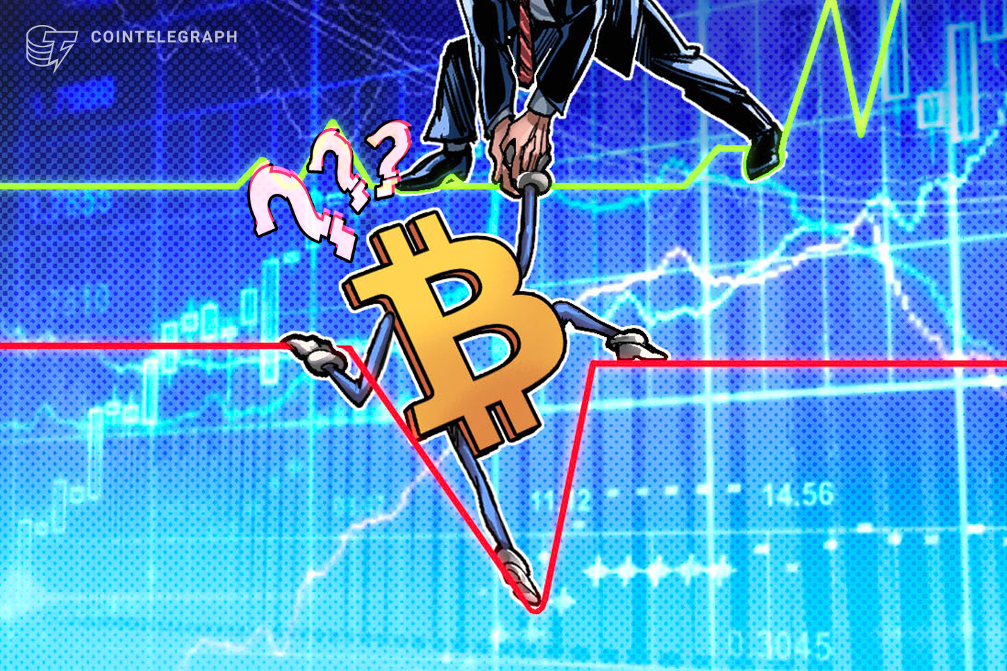 A Bitcoin BTC/USD daily chart showing a sharp downward trend, superimposed over a US 2-year Treasury yield chart that displays a strong upward trajectory.