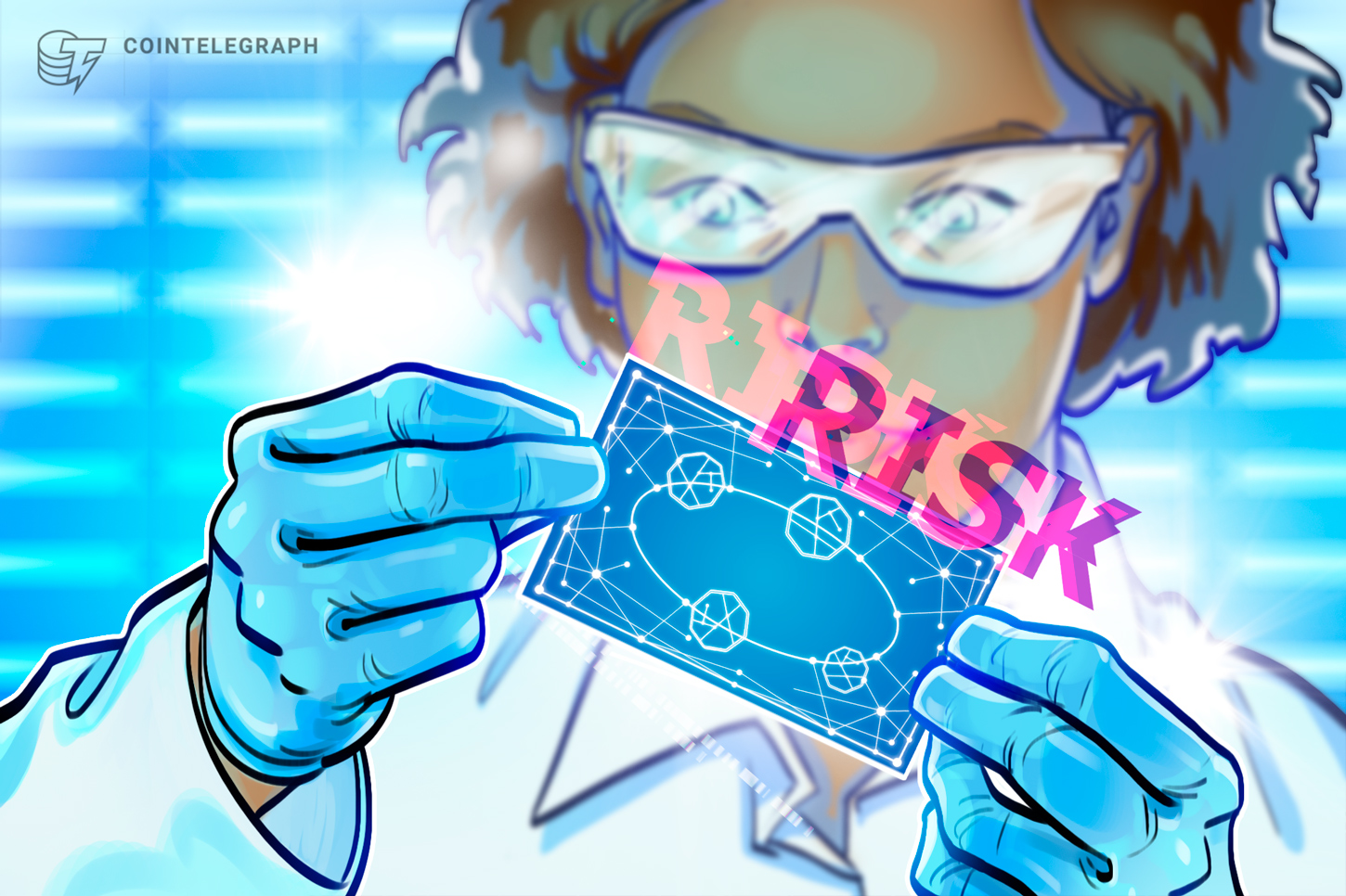 A stylized digital image depicting stock tickers transforming into blockchain blocks.