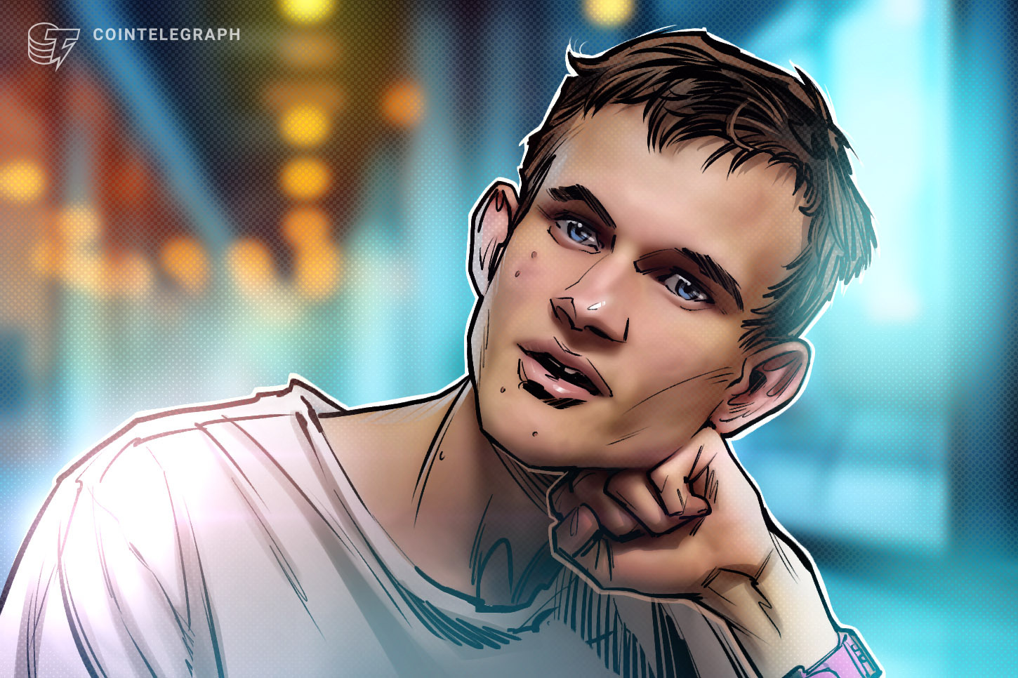 Vitalik Buterin speaking at a conference, looking thoughtful.