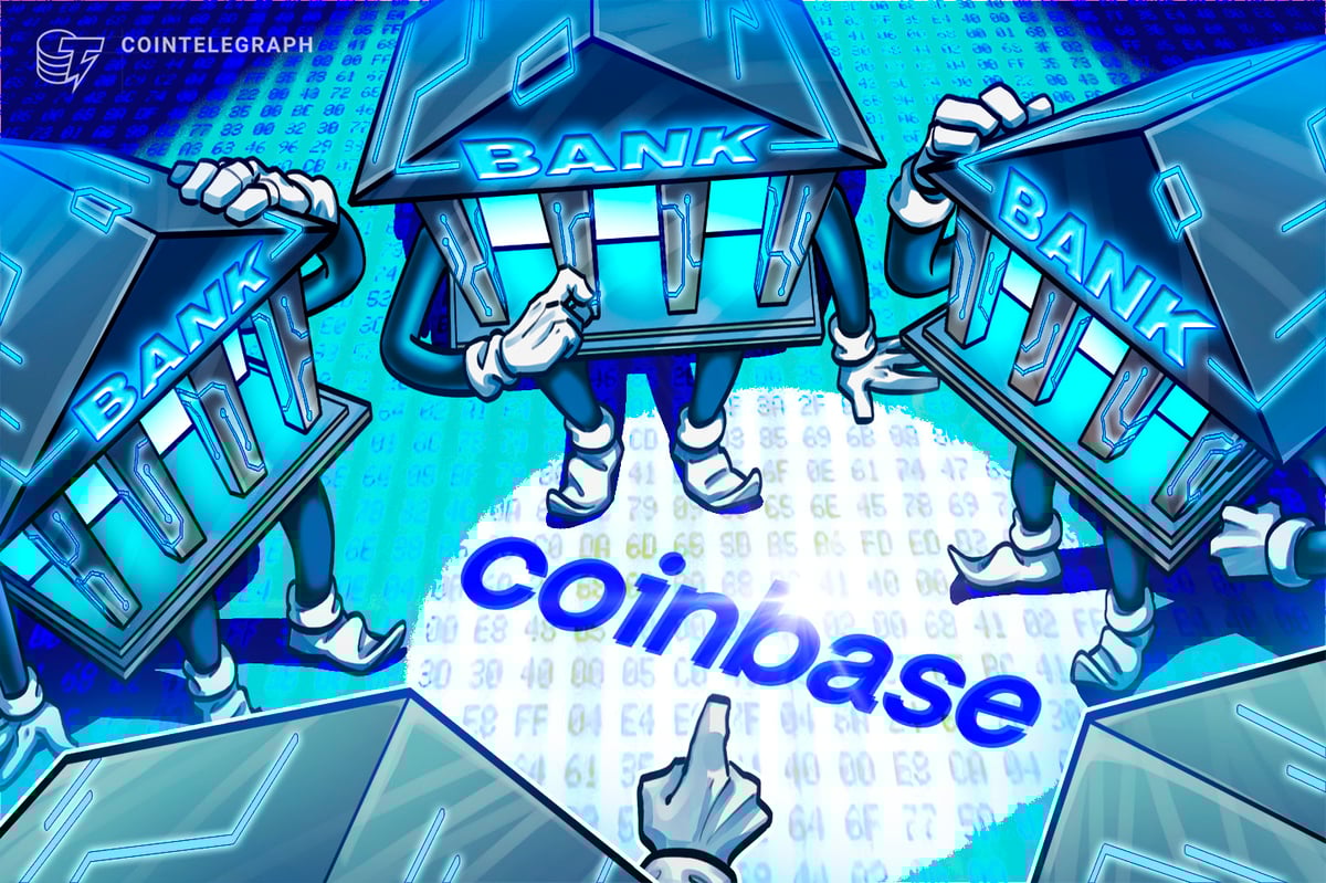 Split image: Coinbase logo on one side, traditional banking building on the other, with regulatory documents between them, symbolizing the regulatory divide over crypto trust charters