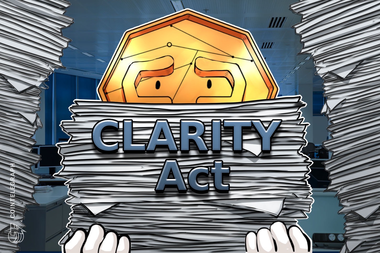 A gavel hitting a sound block, symbolizing a legislative decision, with cryptocurrency symbols faintly visible in the background.
