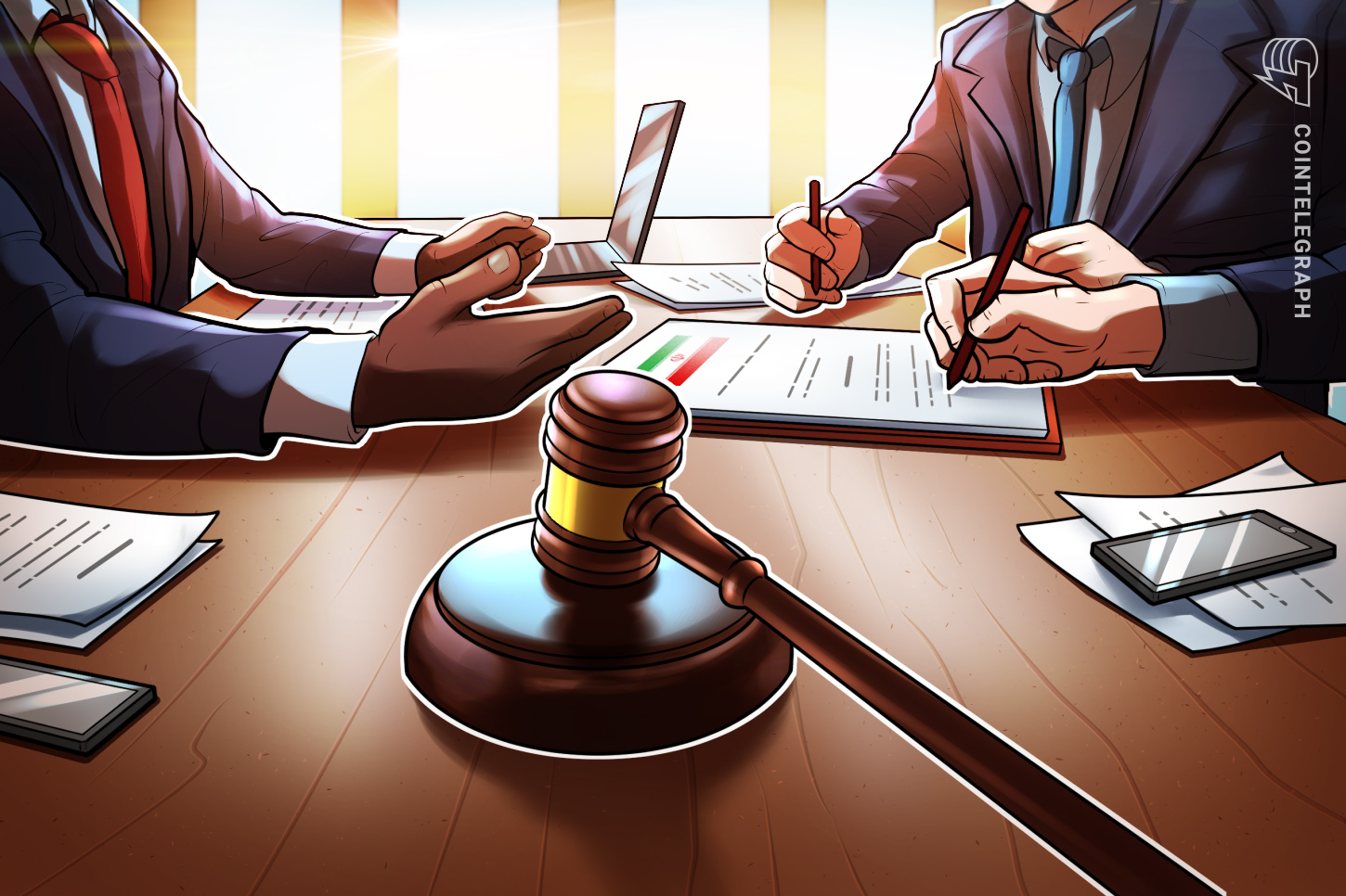 A visual representation of digital currency flowing into a vault, with a gavel of justice superimposed.