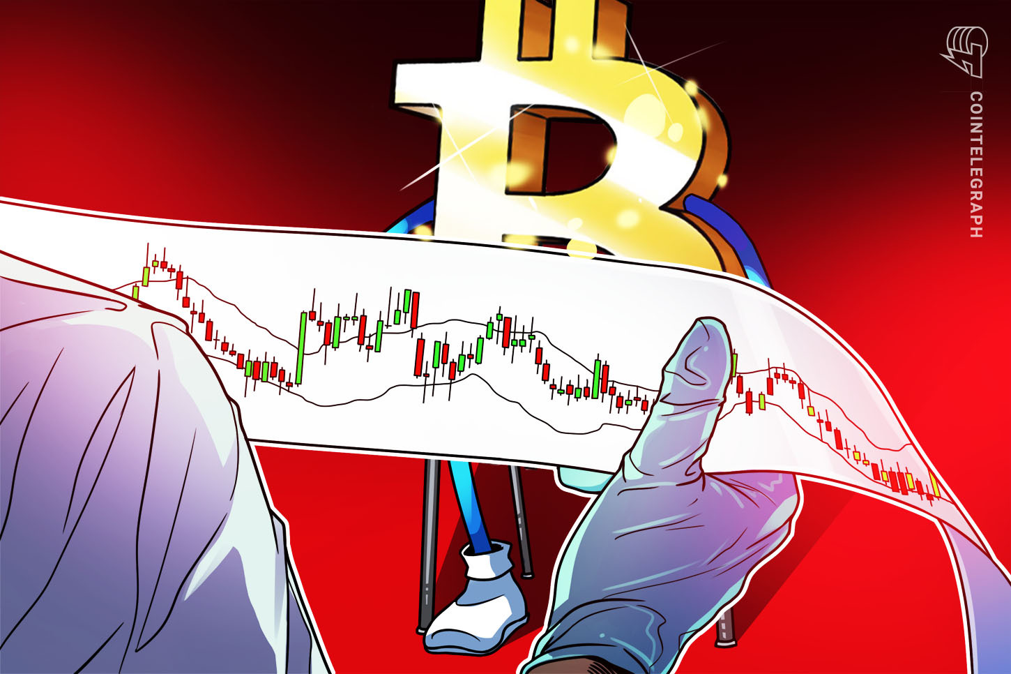 Bitcoin logo with a downward-trending chart superimposed, indicating a price drop.