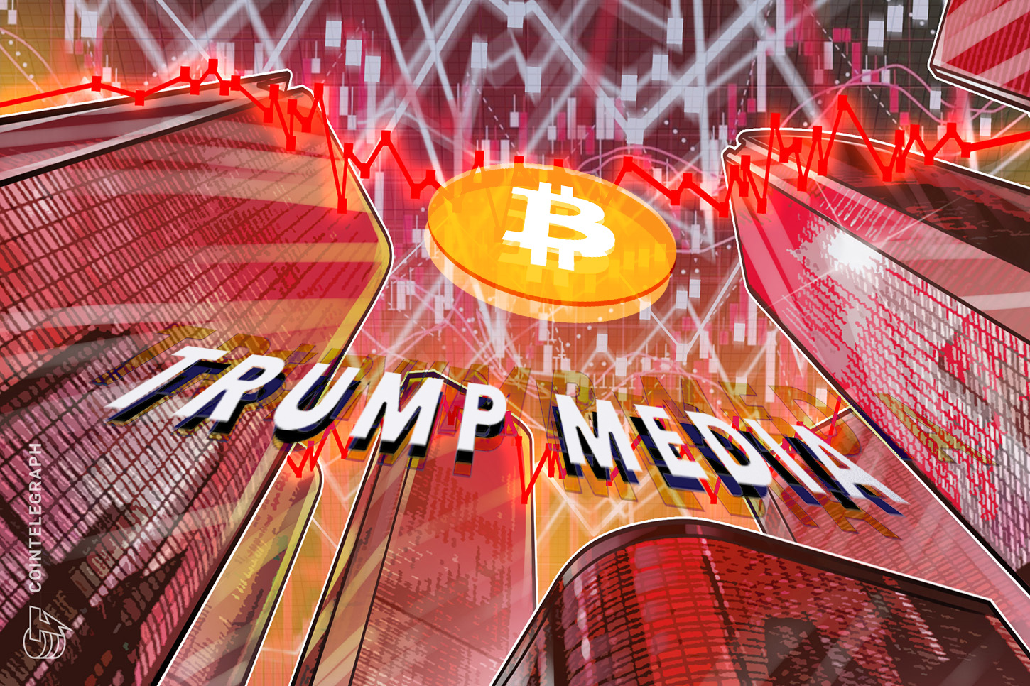 A digital representation of Bitcoin cryptocurrency symbols and stock tickers.