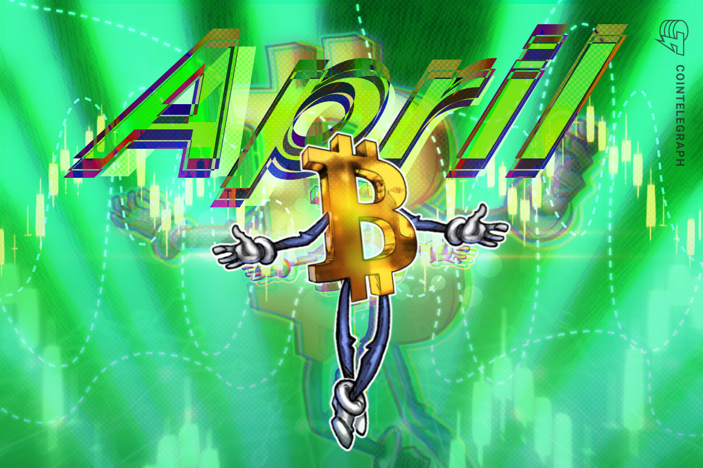A graphic showing the Bitcoin logo with upward-trending lines and April data.