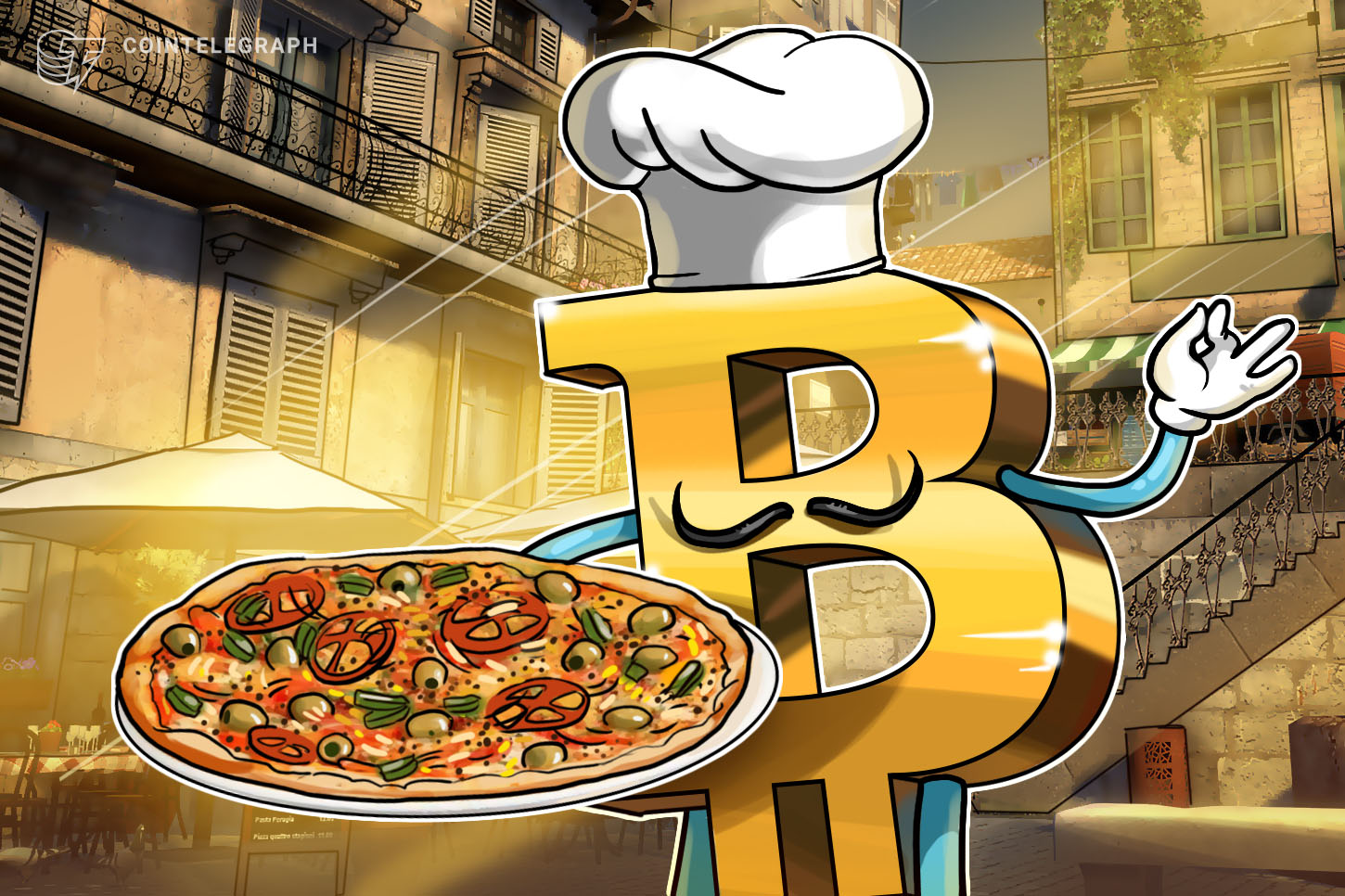 Photo of Laszlo Hanyecz holding two Papa John's pizzas, with a representation of Bitcoin value overlaid.