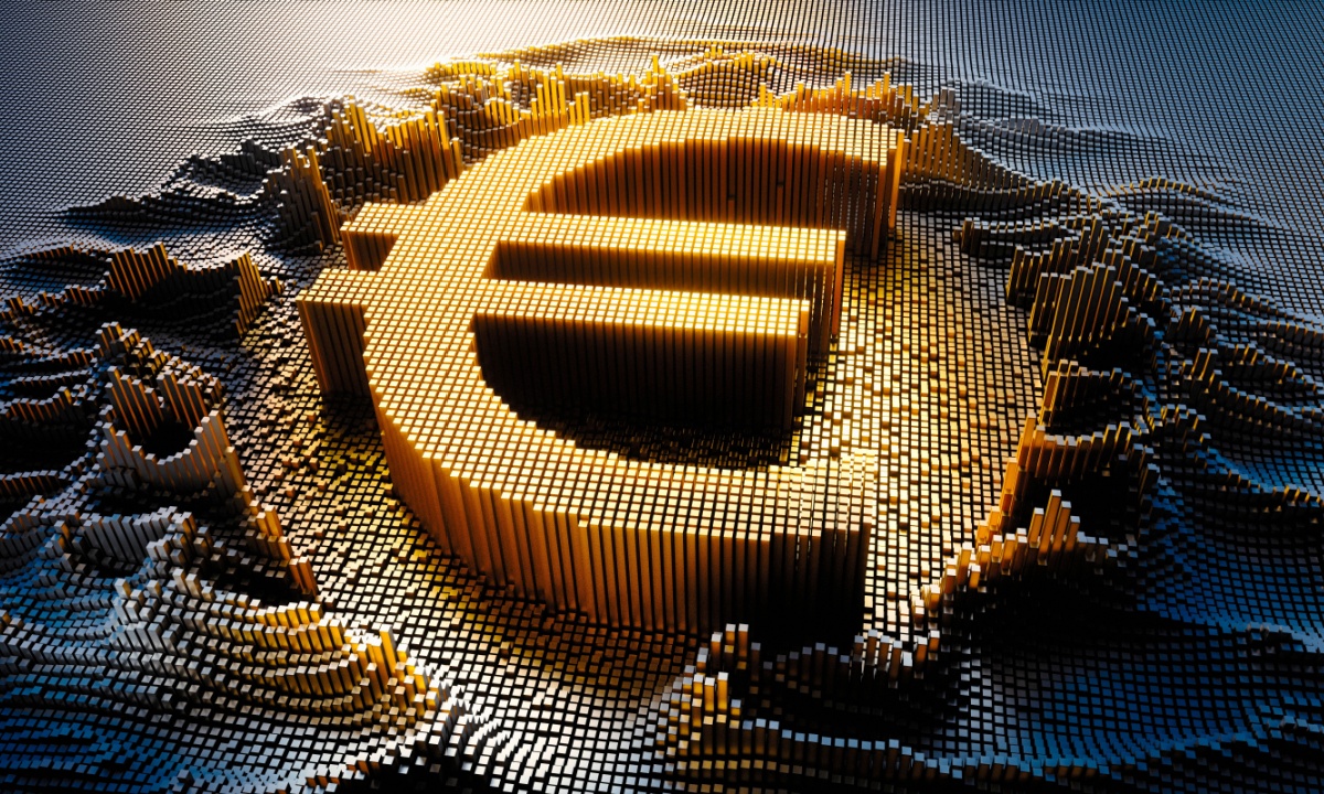 A graphic illustration of the European Central Bank building with digital currency symbols overlaid.