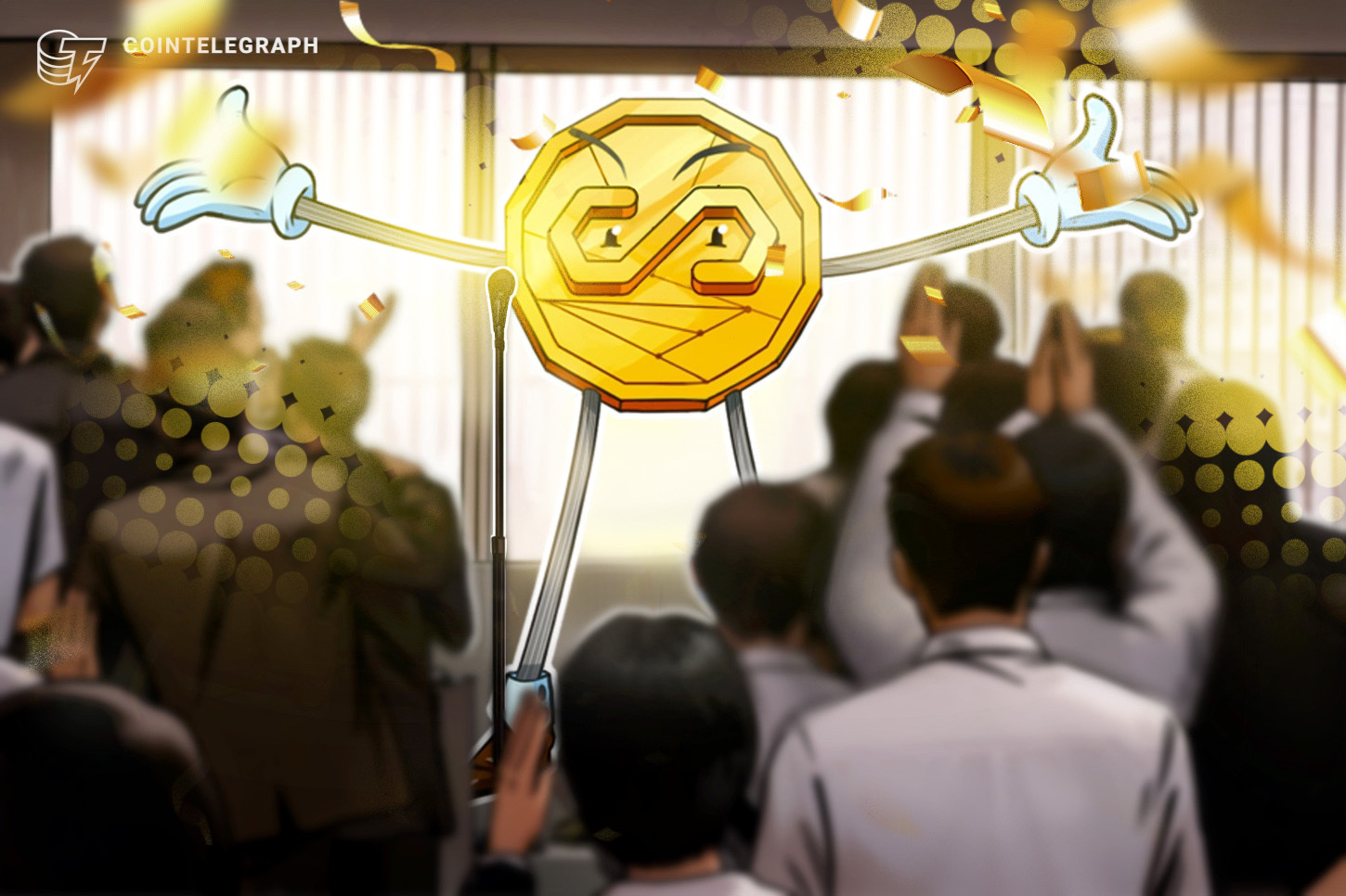 A graphic illustrating interconnected financial systems with digital currency symbols and bank icons.