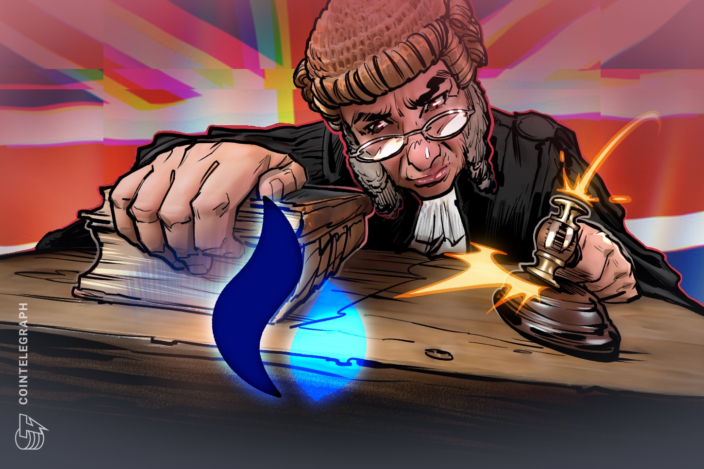 A graphic representing cryptocurrency symbols and official seals, indicating regulatory action.