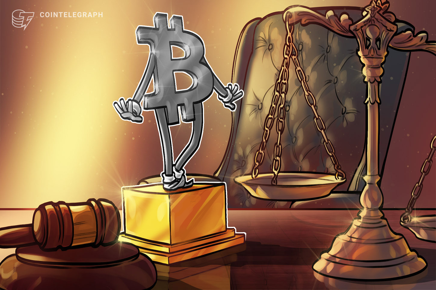 A gavel striking down on a pile of Bitcoin coins, symbolizing a legal ruling.