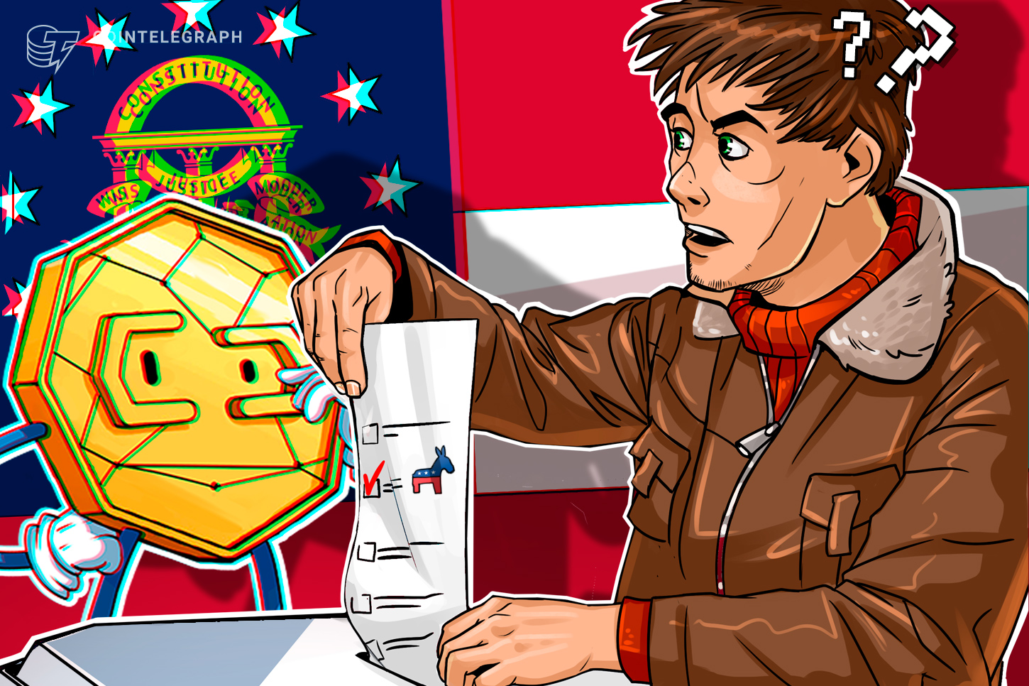 A graphic illustration of a ballot box with cryptocurrency symbols and dollar signs around it.