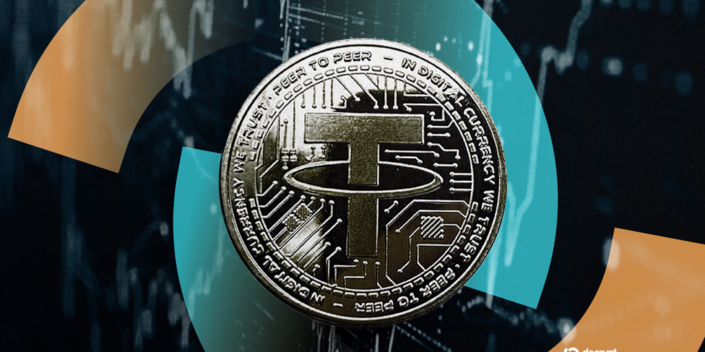 A digital illustration of a Tether USDT coin with financial charts in the background, suggesting profit and market analysis.